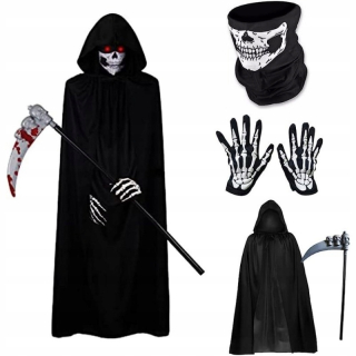 5ks/sada Súprava plášťa Halloween Grim Reaper, Kostým Black Reaphook Death Cloak